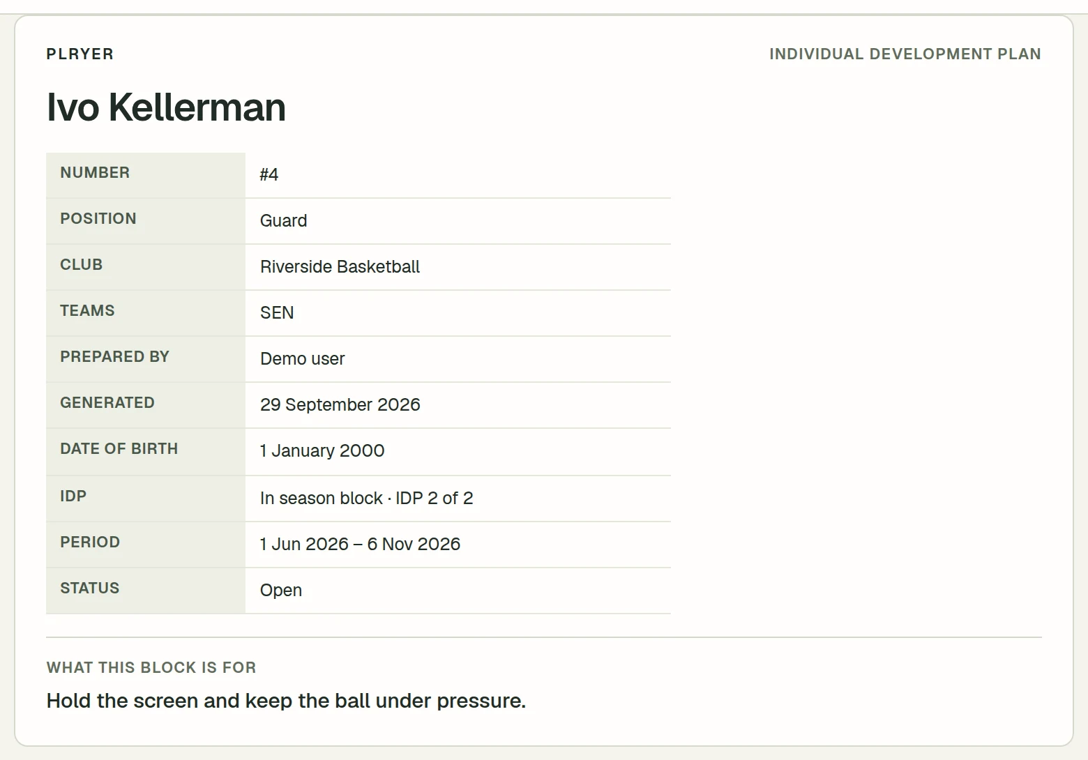 Printable plan cover: Ivo Kellerman, in-season block, 1 June to 6 November 2026, focus: hold the screen and keep the ball under pressure