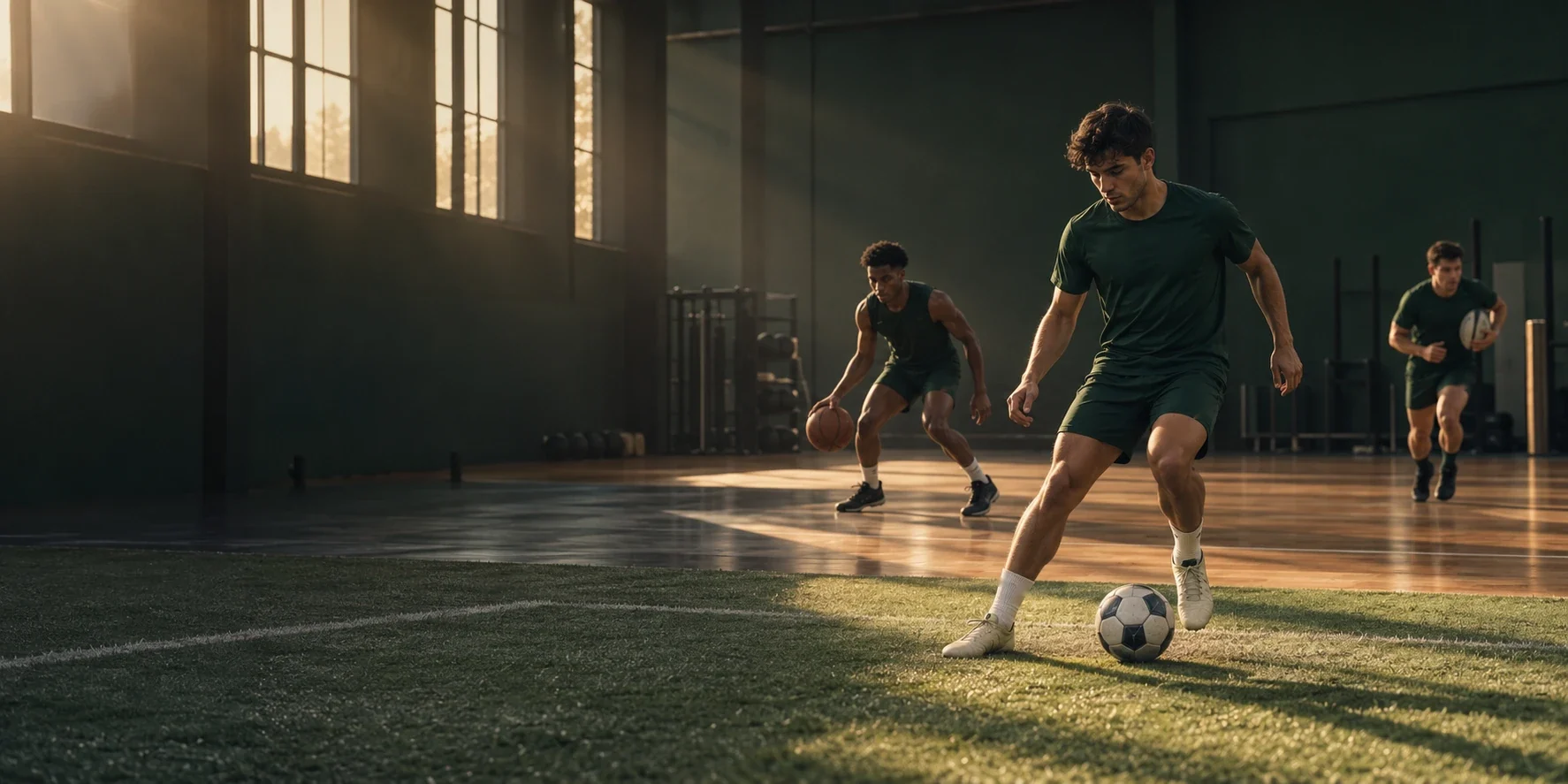 Three athletes training in one indoor hall: a football player on turf with the ball, a basketball player dribbling, and a rugby player running with the ball