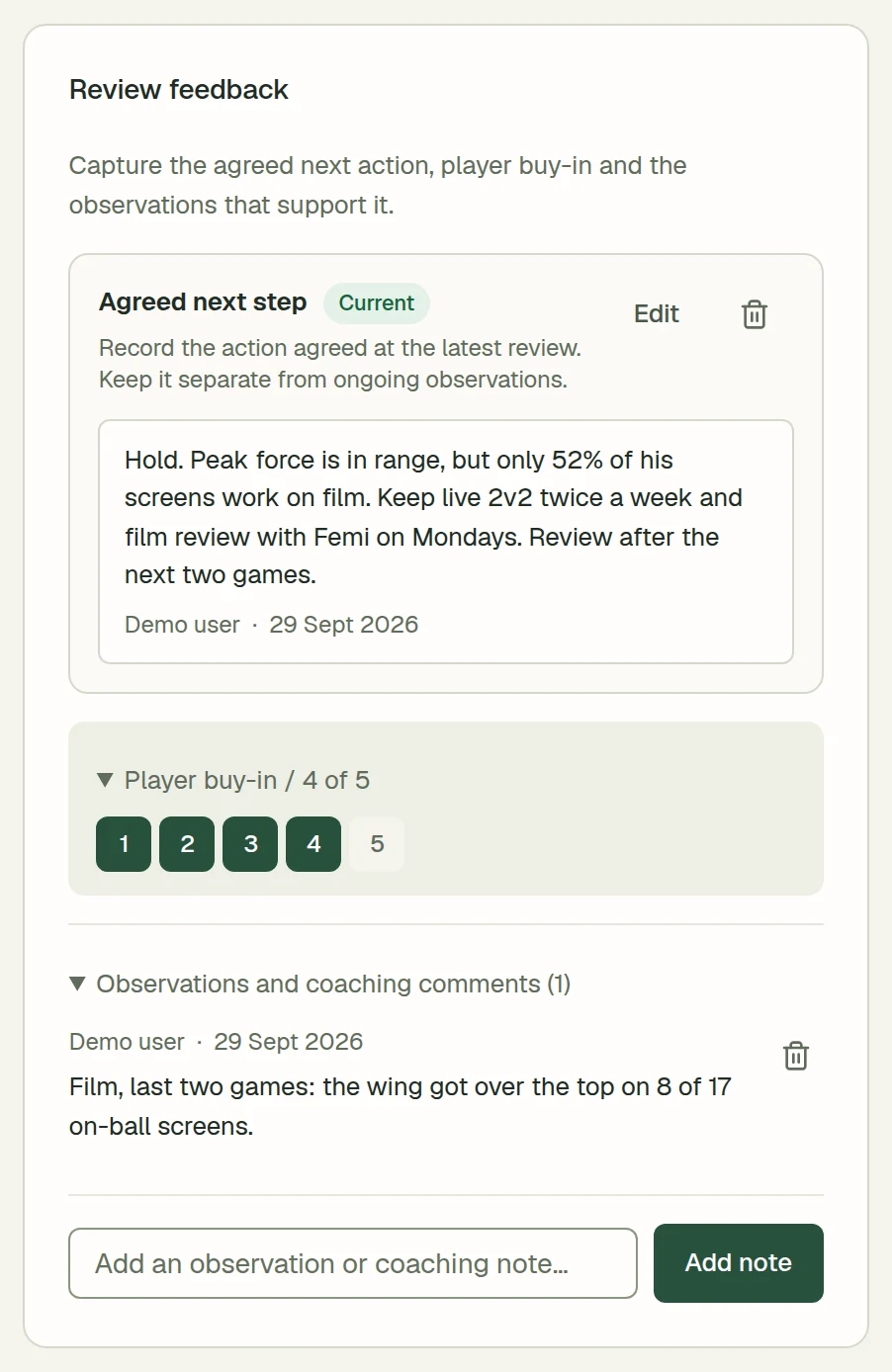 Review feedback: agreed next step is to hold, player buy-in 4 of 5, and a film note that the wing got over the top on 8 of 17 screens